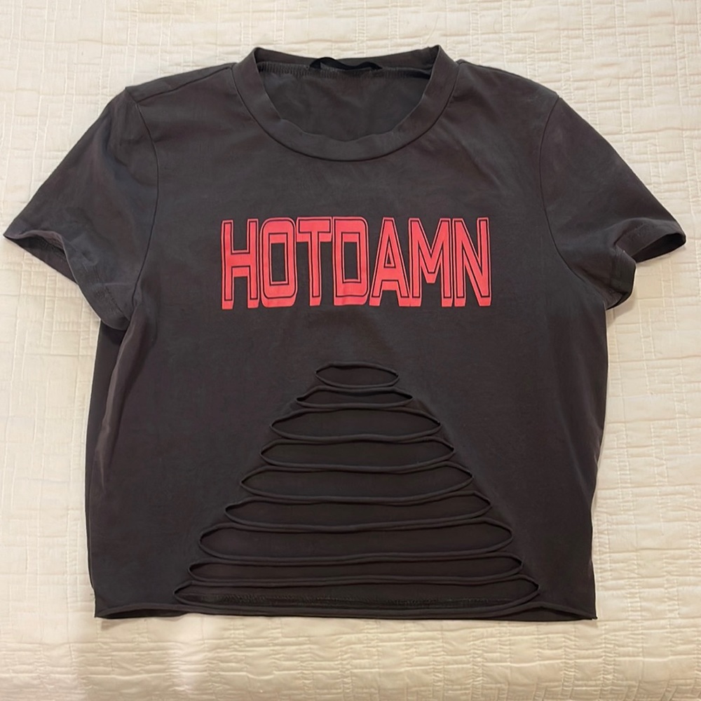 shein “hot damn” cropped distressed top